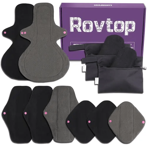 Rovtop 10 Pcs Reusable Sanitary Pads, Washable Black Cloth Menstrual Pads/Menstrual Towel/Sanitary Napkins with Bamboo Charcoal Absorbent Layer, 3 Size Replace and 1 Mini Waterproof Portable Bag