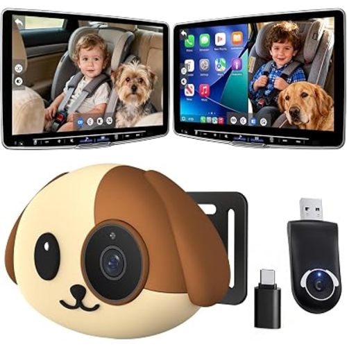 Cabin Care Baby Car Camera with Wireless CarPlay Adapter for iPhone & Android, Rear Seat Monitor, 1080P HD, 157° Wide Angle, IR Night Vision, for Factory Wired Apple CarPlay, Not for Android Auto
