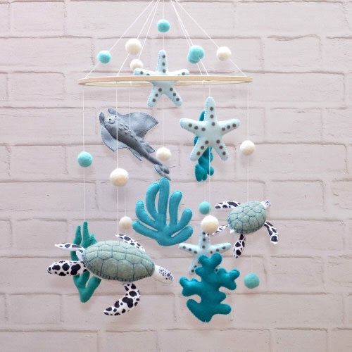 Ocean Baby Mobile for Nursery | Handmade Felt Sea Turtle, Starfish & Coral Crib Mobile - Cozybabywear
