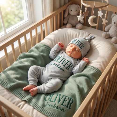 Embroidered Organic Cotton Baby Name Outfit Set with Knit Blanket, Personalized Newborn Romper and Hat, Newborn Gift, Coming Home Set