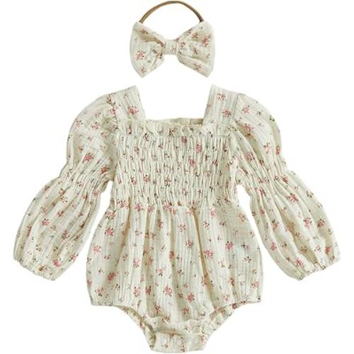 Kavousa Smocked Baby Girl Clothes Newborn Girl Bubble Romper Long Sleeve Jumpsuit And Headband Outfit Cute Infant Clothing