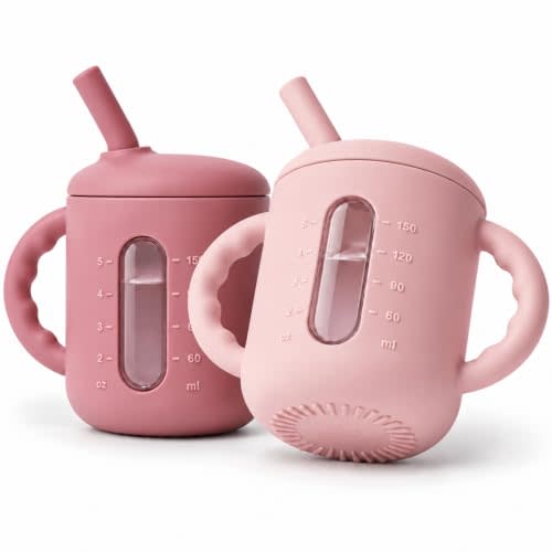 Seposeve 2 Pack Silicone Sippy Cups for Babies 6+ Months, 6 oz Straw Training Cups with Handles, Leak-Resistant Bite-to-Sip Valve, Liquid Level Window, BPA-Free, Purple Pink