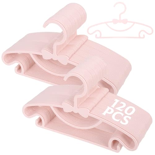 120 Pack Pink Baby Hangers Nursery Cute Plastic Hangers with Bow for Toddler Clothes Non-Slip Ultra Thin Small Coat and Pants Drying Hangers for Closet, Laundry and Daily Use