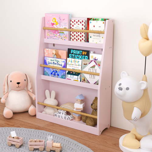 Miniyam 3-Tier Wooden Bookshelf with Toy Storage for Kid, Pink