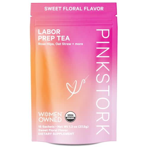 Pink Stork Organic Labor Prep Tea, Sweet Floral Flavor, 30 Cups | Red Raspberry Leaf, Chamomile + Rosehip, Caffeine-Free, Third Trimester Pregnancy Essential, 15 Sachets