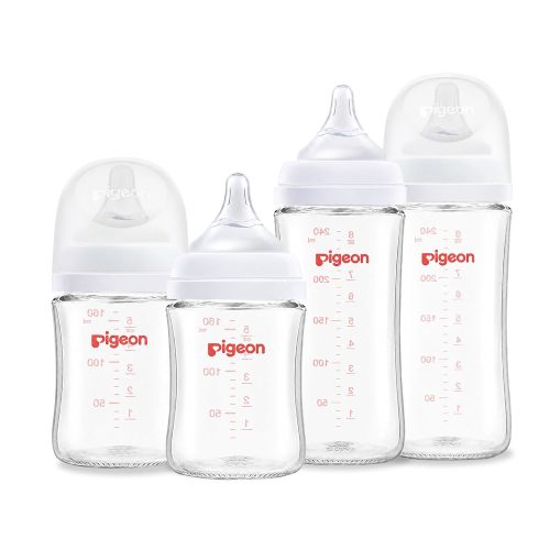 Pigeon Glass Nursing Baby Bottle Wide Neck (Pack of 4), Streamlined Body, Natural Feel, Easy to Clean, Heat-Resistant, 5.4 oz and 8.1 oz