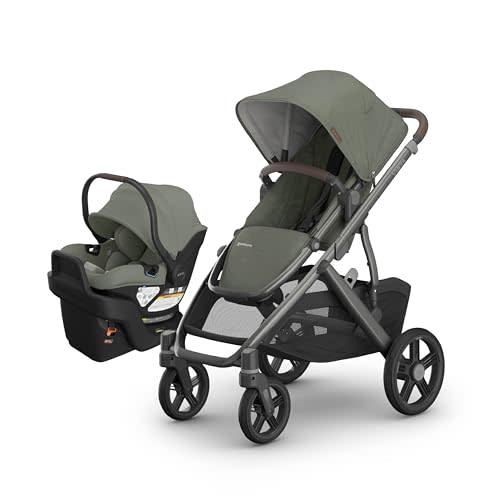 UPPAbaby Vista V3 Stroller + Aria V2 Infant Car Seat Travel System Combo – Toddler Seat, Bumper Bar, Bug and Rain Shields, Car Seat Base, and Infant Insert Included – Evelyn (Meadow Green)