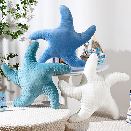 Fumete Starfish Plush Toy Pillow, 3 Pack, 20'' Stuffed Animal, Cute Coastal Decor for Kid Bedroom, Living Room, Sofa Couch (White, Green, Blue)