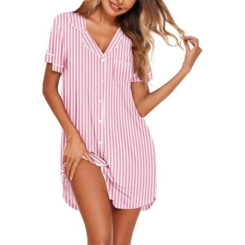 Ekouaer Nightgowns for Women Button Down Night Gowns Short Sleeve Sleepwear