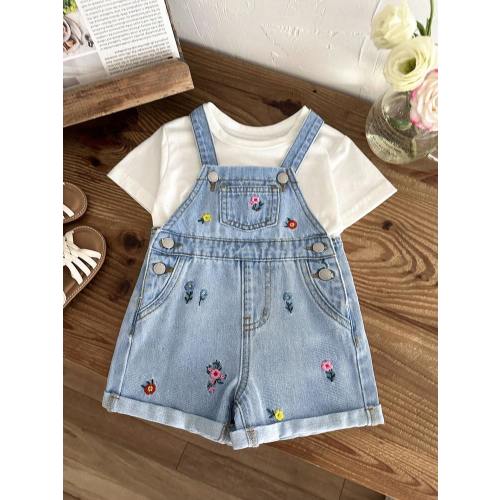 LMoss Kids Baby Girls' Cute Floral Embroidery Blue Denim Ruffled Hem Bib Shorts,Spring Outfits, Summer Outfits,Casual And Fashionable Vacation Outfits,Street Wear,2000s Style ,Comfortable And Soft Denim Overall,Baby Girls Denim Shorts Overall,Vacation Out
