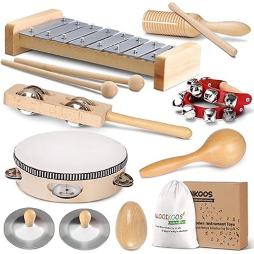 LOOIKOOS Toddler Musical Instruments International Natural Wooden Music Set for Toddlers and Kids - Eco Friendly Preschool Educational Musical Toys with Storage Bag