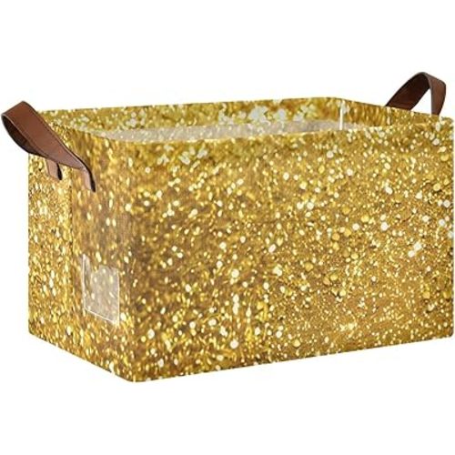 CEBUGI Golden Glitter 2 Pack Large Waterproof Collapsible Storage Bin Foldable Canvas Fabric Open Storage Basket Cube Box with Iron Frame