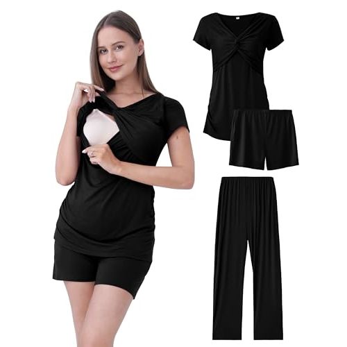Maternity Nursing Pajamas Set 3PCS, Breastfeeding Tops, Adjustable Shorts & Pants, Postpartum Hospital Bag Essentials
