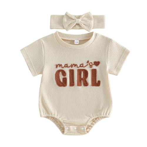 Baby Girl Clothes Mamas Girl Outfit Cute Letter Embroidered Waffle Bubble Romper Onesie Tee Shirt