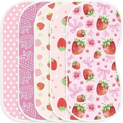 5-Pack Baby Burp Cloths for Girls, 100% Muslin Cotton Super Absorbent Burping Rags, Ultra Soft Large Washcloths with Sweet Strawberry & Floral Prints, Newborn Baby Essentials Gift Set
