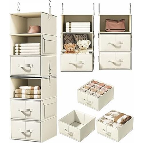 Vailando 6-Shelf Hanging Closet Organizer with 3 Drawers, 2 Separable 3-Shelf Closet Organizers and Storage for Wardrobe Organization, Hanging Dresser for Nursury & Dorm Clothes Organizer, Beige