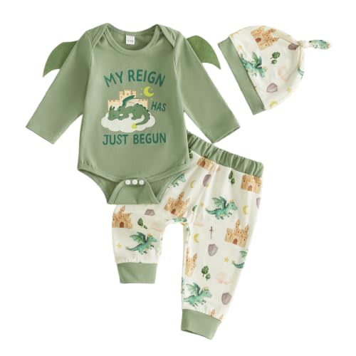 Fall Baby Boy Clothes Dragon Long Sleeve Romper Pants Set with Hat | Newborn Baby Boy Outfit Fall Winter, My Reign Has Just Begun Bodysuit Tops Pants Set, Dragon Baby Boy Stuff, 3 Piece Set
