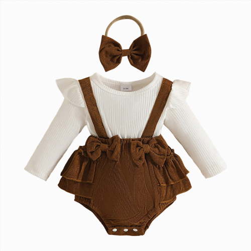 CAICJ98 Newborn Baby Girl Fall Winter Outfit Infant Baby Girl Romper Ruffles Long Sleeve Clothes Jumpsuit with Bow Headband (Brown,0-3 Months)