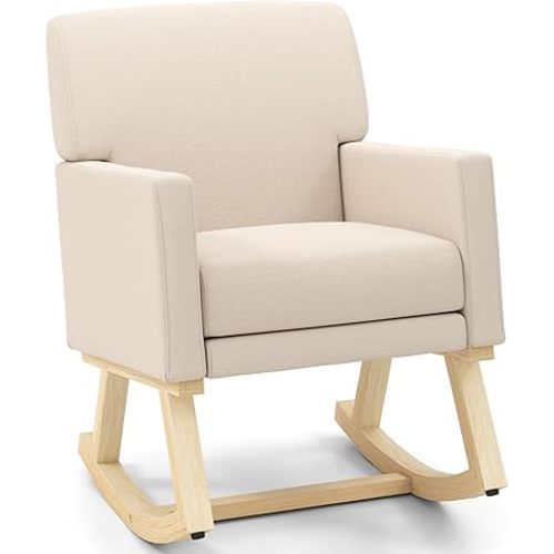 Giantex Upholstered Rocking Chair, Nursery Rocking Chair w/Widened Back, Machine-Washable Seat Cushion Cover, Solid Rubber Wood Frame, Glider Rocker Accent Chair for Living Room, Bedroom, Beige