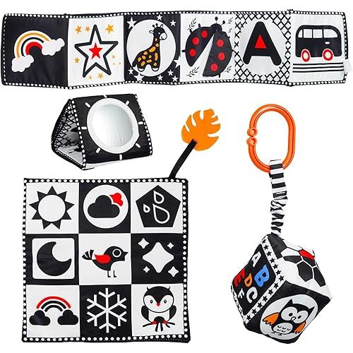 3 PCS Black and White High Contrast Baby Toys 0-3 Months for Newborn, Montessori Toys for Babies Sensory Soft Book for Early Education, Infant Tummy Time Toys 0 6 9 12 Months Baby Gifts
