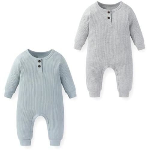 Unisex Baby Long Sleeve Romper 2-Pack Soft Cotton Infant One-Piece Jumpsuits for Boys Girls 0-24 Months