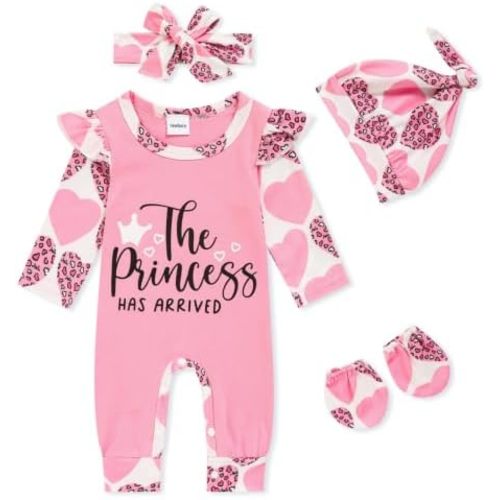 GRNSHTS Newborn Baby Girl Romper Infant Letter Print Jumpsuit Floral Bodysuit+Hat+Headband+Gloves Coming Home Clothes Outfits