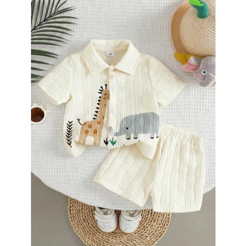 2pcs Baby Boy Textured Cute Cartoon Print Shirt And Shorts Street Fashion Children Set | SHEIN USA