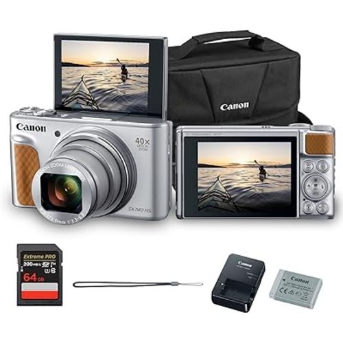 Canon PowerShot SX740 HS Digital Camera (Silver) – 20.3MP, 40x Optical Zoom, 4K UHD Video, Wi-Fi & Bluetooth, Compact Travel Point & Shoot (2956C001) + Shoulder Bag + 64GB Memory Card