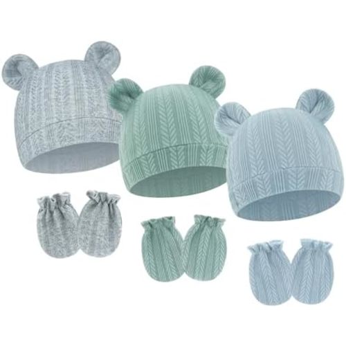 LIDHAY 3PCS Newborn Baby Hats Bear Ears and Mittens Sets Preemie Caps Baby Boy Girl Infant Hospital Beanie 0-6Months