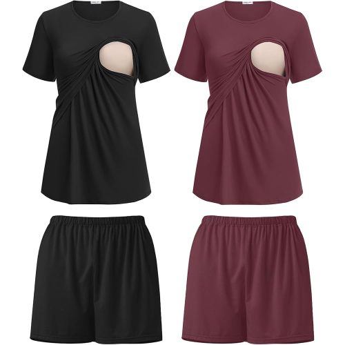 Ekouaer 2 Pack Women's Nursing Pajamas Set Double Layer Maternity Pjs Postpartum Loungewear Set Breastfeeding Tops & Shorts