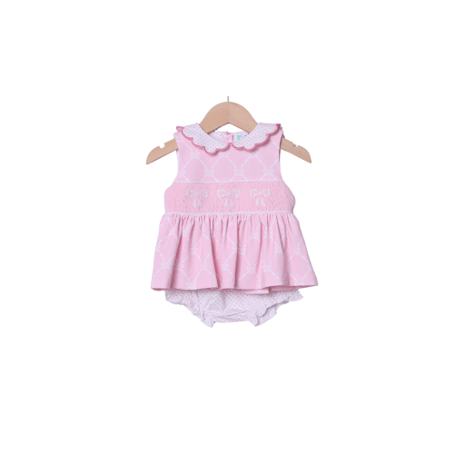 Smocked Bow Pink trellis Knit Bloomer Set