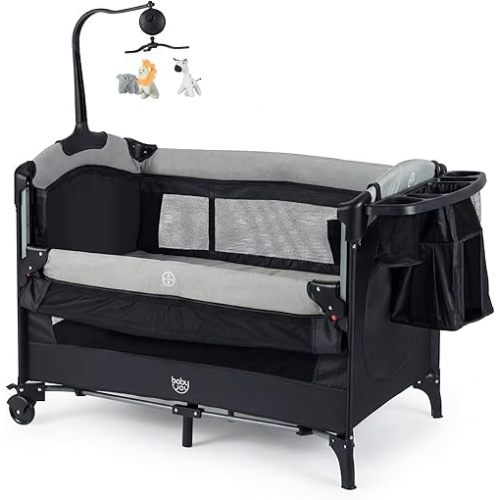 BABY JOY 5-in-1 Pack and Play, Baby Bedside Sleeper with Bassinet, Portable Baby Playard with U-Shaped Diaper Changer, Safety Strap, Multifunction Baby Bassinet Bedside Crib from Newborn to Toddlers