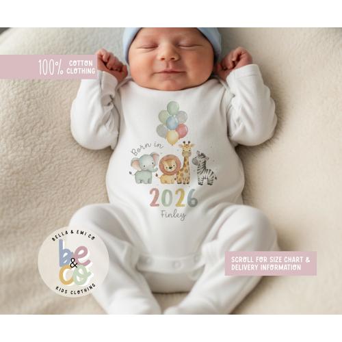 Personalized Safari Animal Baby Grow, sleepsuit - Born in 2026 - Newborn Gift