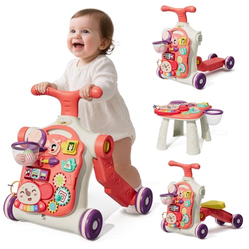 HYES Upgraded 5 in 1 Baby Walker and Activity Center for Baby Girl, Learning to Walk, Sit to Stand, Early Learning Push Toys for Infant 12 Months, Walking Toys Gift for Toddler Girls, Red