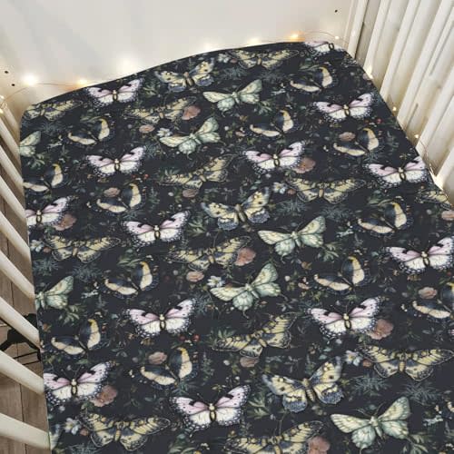 Gothic Moth Black Floral Baby Crib Sheets for Boy Girl 28"x52" Butterflies Dark Flowers Leaves Soft Stretchy Fitted Crib Mattress Covers Witch Garden Baby Sheet for Standard Crib and Toddler Mattress