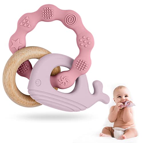 Vicloon Baby Teether Toys, Silicone & Natural Wood Teether Ring, Baby Teething Toys for Babies 0 Months, Silicone Chewable Rings for Newborn Gift(Pink)