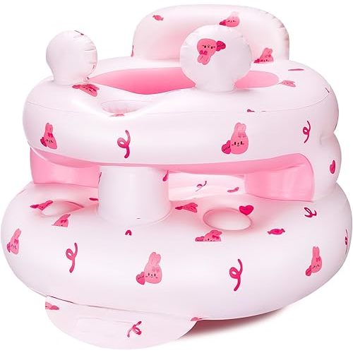 Inflatable Baby Seat for Babies 3-36 Months，[Squeaky Sound & Anti-Fall Design] Inflatable Chair with Sound-Making Ears, Baby Seat for Sitting-Up Practice, Built-in Air Pump (Pink Bunny)