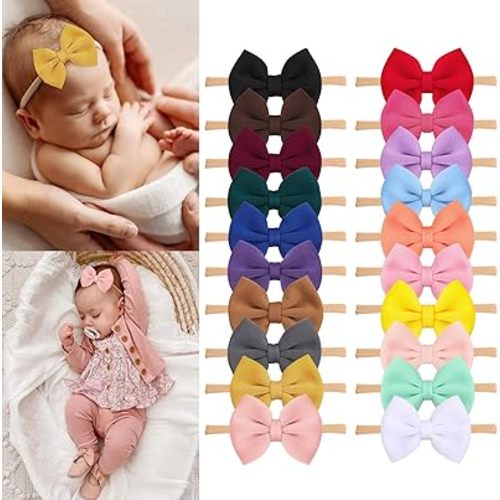 XIMA 20pcs Baby Puff Bow Headband,Boutique Single Puff Bows Headbands for Baby Girls,Hair Band Hair Accessories for Infants Newborn Toddler