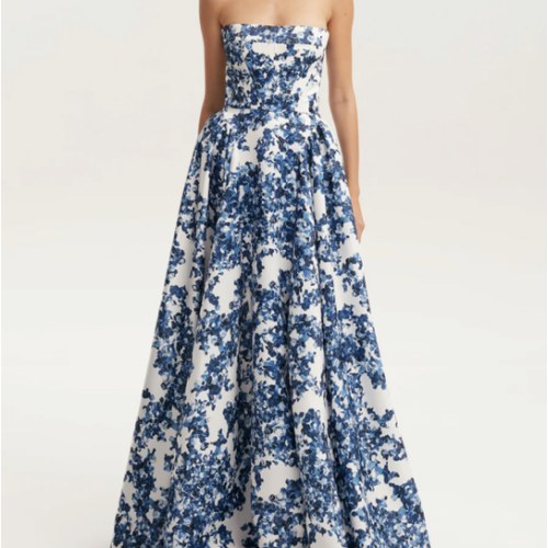 blue hydrangea corset maxi dress