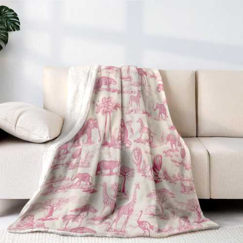 Pink Safari Nursery Blanket Baby Girl Room Decor Toile Giraffe Blanket Crib Bedding Toddler Blanket Birthday Gift Daughter Elephant Decor