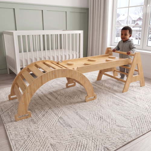 Avenlur Maple 5-in-1 Indoor Baby Climbing Gym, Pikler Triangle Set & Slide Foldable Montessori climbing set with arch rocker, reversible slide and rock ramp; ages 1-5; New Zealand pine; 132 lb