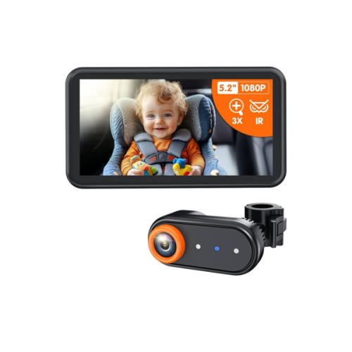 BM2A Baby Car Camera, Night Vision & 5.2" 1080P Display for Rear-Facing Car Seats, Easy No-Damage Install, Patented Anti-Shake Mount – Ideal for Parents and Pet Owners
