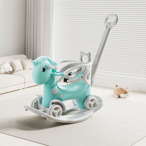 GDFStudio Ursa Unicorn Rocking Horse Toy with Backrest, Push Handle and Balance Board for Baby Girl and Boy, Light Blue