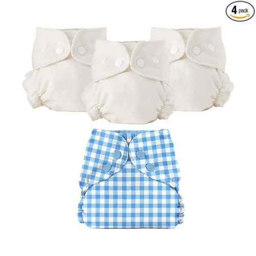 Esembly Cloth Diaper Bundle Set - 3 Organic Cotton Absorbent Inners and 1 Waterproof Outer Diaper Cover - Reusable, Washable, Snap Closure Cloth Diapers - Size 1 (7-17lbs), Gingham