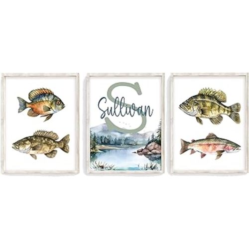Personalized Watercolor Fishing Nursery or Little Boys Room Set of 3 Unframed Prints, Rustic Outdoor Nautical Themed Decor