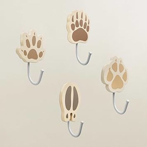 Four-Piece Set of Wooden Animals Tracks Hooks for Kids - Fox, Deer, Bear, Hedgehog, Woodland Boy Nursery Decor, Forest Nursery Kids Coat Rack Room Wall Mount Hooks, Baby Room Decor