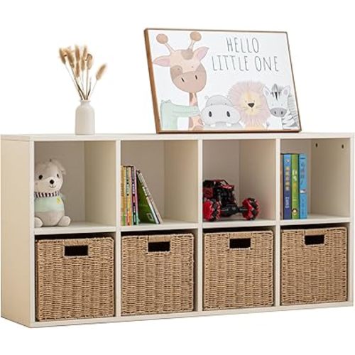 Wood 8-Compartment Storage Cabinet 8-Cube Storage Cabinet Organizer Wooden Cubby Bookshelf White 2 tier Open Cabinet Qquare Cubby Shelf for Home Office Living Room (8-Cube, 11 in Shelf Opening)
