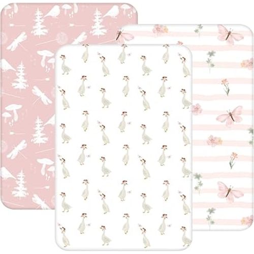 Bedside Sleeper Bassinet Fitted Sheets 20" x 33", 3 Pack, Compatible with Baby Delight Beside Me Dreamer and Dream On Me Skylar/Lotus/Traveler Baby Rectangle Bassinet, Pink Animal