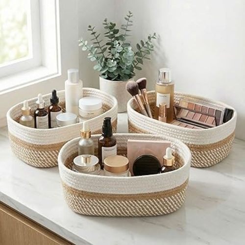 Beautiful Storage Basket Set of 3 - Sturdy Cotton Rope Baskets for Shelves Are Perfect for Organizing Your Home - Quality Storage Bins Easily Fit With Any Nursery or Bedroom Decor