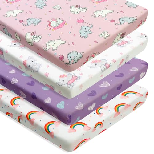 4 Pack Baby Girl Pack N Play Mini Crib Sheets Set Soft Fitted Elephant Theme Baby Girl Mattress Covers Breathable Toddler Bed Sheets for Infant or Newborn(Elephant, Pack N Play Mini Crib Sheets)